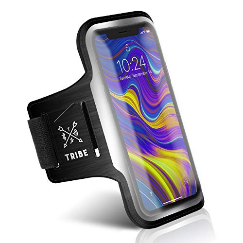 TRIBE Running Phone Holder Armband. iPhone & Galaxy Cell Phone Sports Arm Bands for Women, Men, Runners, Jogging, Walking, Exercise & Gym Workout. Fits All Smartphones. Adjustable Strap, CC/Key Pocket - L: iPhone+/Pro Max/XR/XS Max/Galaxy+/Ultra/Note - Black