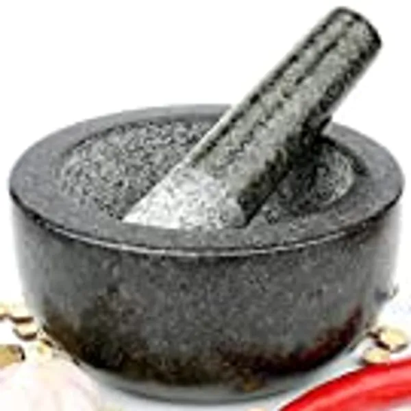 H&S Pestle and Mortar Set Large Premium Solid Granite Stone Black - 16cm(6.3") Diameter