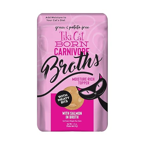 Tiki Cat Born Carnivore Broths, Salmon Recipe, Hydration and Flavor Supplement Cat Food Topper, 1.3 oz. Pouch (Pack of 12) - Salmon