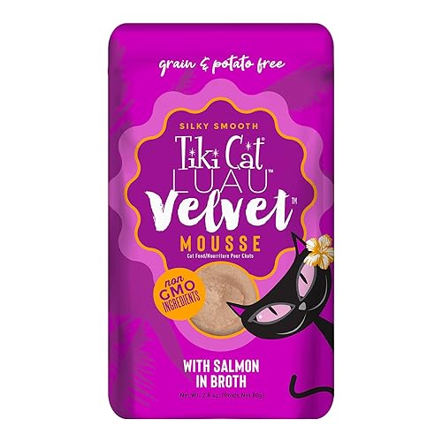 Tiki Cat Luau Velvet Mousse, Salmon in Broth, Complete Nutrition for Balanced Diet, Wet Cat Food For All Life Stages, 2.8 oz. Pouch (Pack of 12) - Salmon in Broth