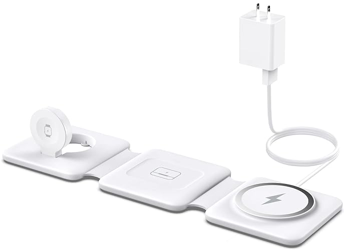 Charging Station for Apple Multiple Devices - 3 in 1 Foldable Magnetic Wireless Charger Dock - Travel Charging Pad for iPhone 16 15 14 13 12 Pro Max Plus Watch & Airpods - White