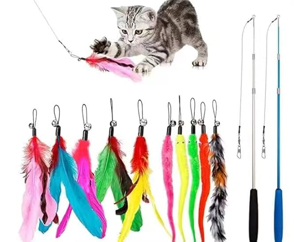 JIARON Cat Toys Feather Toy, 2PCS Retractable Wand and 10PCS Replacement Teaser with Bell Refills, Interactive Catcher and Funny Exercise for Kitten. - cat feather toys