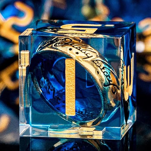 ORIFANTOU Lord of The Rings DND Dice Resin Sharp Edge Dice, Blue D and D Polyhedral Dice Set for Dungeons and Dragons RPG Role Playing Games, LOTR Magic D&D Dice with Box D20 D12 D10 D8 D6 D4 - Ring - Blue-1