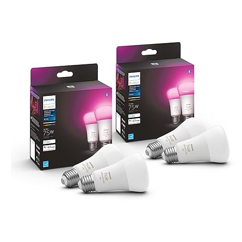 Philips Hue 75W A19 White and Color Ambiance LED Smart Color-Changing Bulb - Pack of 4 - E26 Indoor - Control with Hue App - Compatible with Alexa, Google Assistant, and Apple Homekit - White and Color Ambiance - 4 Pack