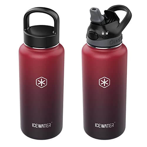 ICEWATER-32 oz,2 Lids(Soft Auto Straw Lid + Wide Mouth Lid),Insulated Water Bottle With Straw,Stainless Steel,BPA-Free,Powder Coated,Lockable Lid,Pop-up Top,One-handed Operation (32 Oz, Dark Rainbow) - 32 Oz - Dark Rainbow