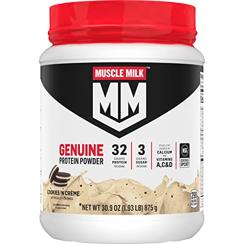 Muscle Milk Genuine Protein Powder, Cookies 'N Crème, 1.93 Pounds, 12 Servings, 32g Protein, 3g Sugar, Calcium, Vitamins A, C & D, NSF Certified for Sport, Energizing Snack, Packaging May Vary - Cookies 'N Crème - 1.93 Pound (Pack of 1)