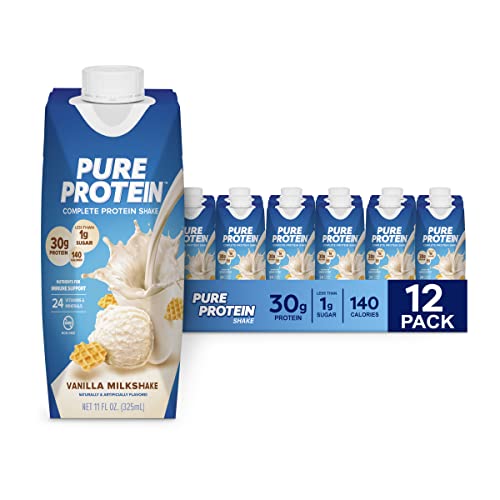 Pure Protein Vanilla Protein Shake, 30g Complete Protein, Vitamins A, C, D, and E plus Zinc to Support Immune Health, Ready to Drink and Keto-Friendly, 11oz Bottles, 12 Pack - Vanilla Milkshake - Cartons - 11 Fl Oz (Pack of 12)