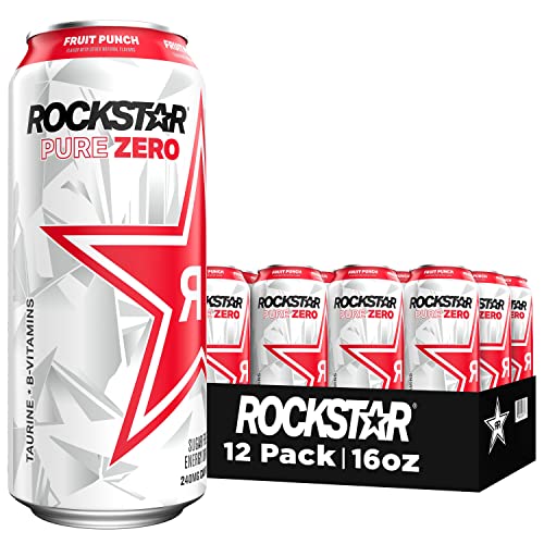 Rockstar Pure Zero Energy Drink, Fruit Punch, 0 Sugar, with Caffeine and Taurine, 16oz Cans (12 Pack) (Packaging May Vary) - Punched