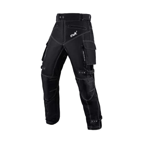HWK Motorcycle Pants with Water Resistant Cordura for Enduro Motocross, Impact Armor and 30-32" Waist, 30" Inseam - 30W x 30L - Black