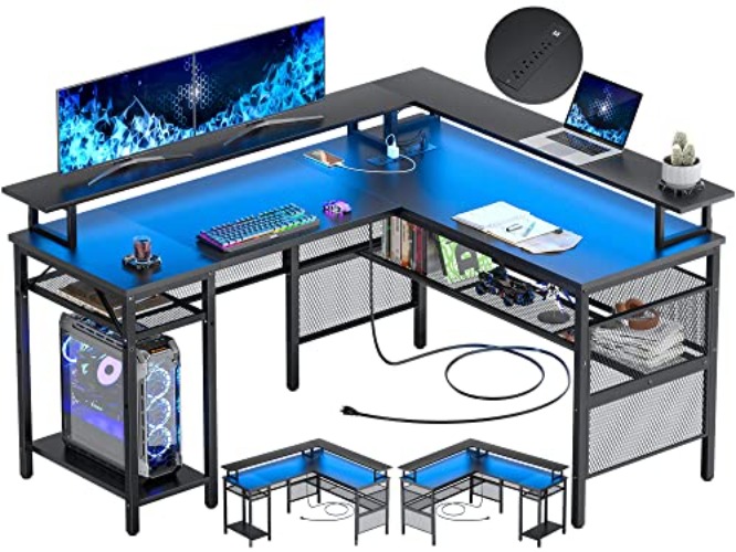 Unikito L Shaped Desk with LED Strip and Power Outlets, Reversible Corner Computer Desks with Monitor Stand and Storage Shelf, Modern L- Shaped Gaming Table, Home Office Desk with USB Ports, Black - Black