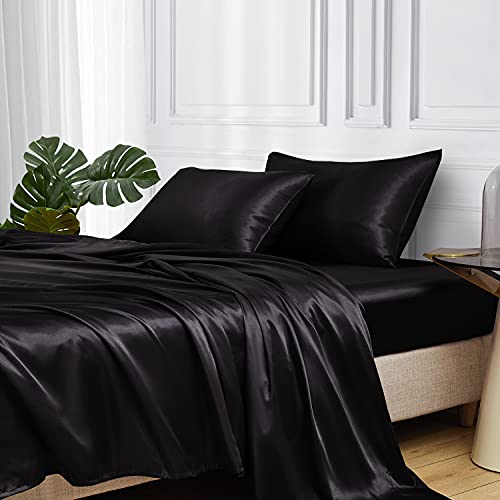 MR&HM Satin Bed Sheets, Queen Size Sheets Set, 4 Pcs Silky Bedding Set with 15 Inches Deep Pocket for Mattress (Queen, Black) - 01 - Black - Queen