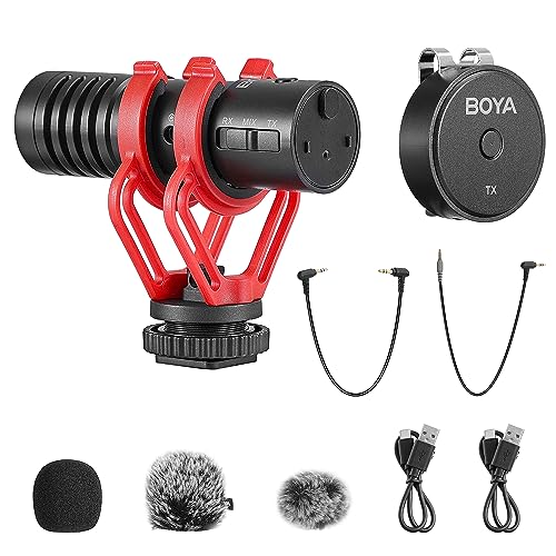 BOYA Wireless Lavalier Microphone for Camera PC, On-Camera Shotgun Microphone with Shock Mount, 2.4GHz Lapel Wireless Mic for iPhone Phone DSLR YouTube Recording Interview Stream (1 TX+1 RX) BY-MM1W