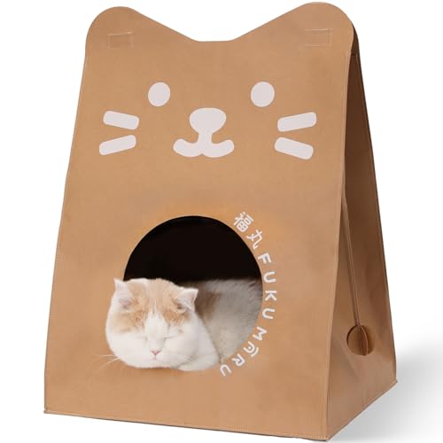 FUKUMARU Cat Bed, Cute Cat House with 2 PCS Cat Scratcher, Water Washable Kraft Cat Condo, Scratch-Resistant and Easy Maintenance Cat Cave for Hide, Nap, Play and Furniture Protect - Brown-Kraft Bed