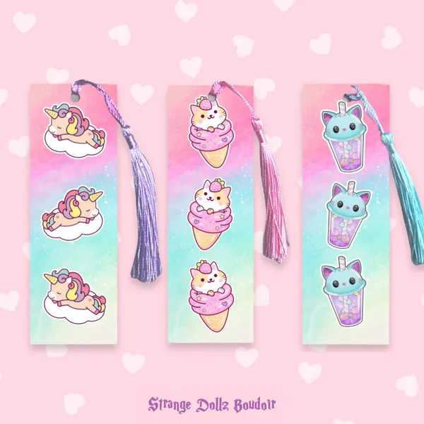 Set of 3 bookmarks, Cute Pastel Rainbow stationery, cute cat, strawberry, unicorn, Strange Dollz Boudoir