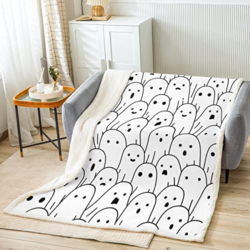 Cute Ghost Bed Blanket Kids Girls Black and White Sherpa Blanket Soft Cozy Lightweight Halloween Theme Plush Fleece Cartoon Ghost Blanket Gifts for Couch Bed Chair Office Sofa(Throw 50"x60") - Halloween-02 - Throw
