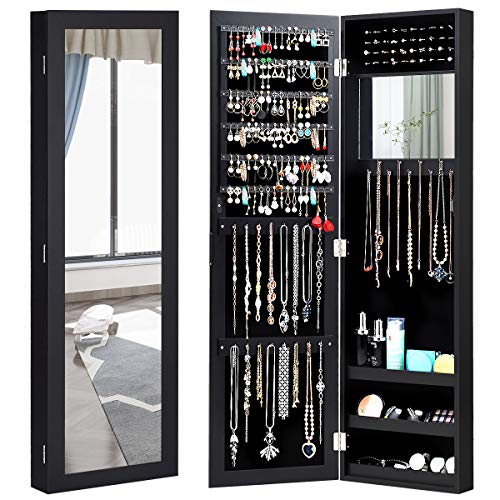 Giantex Jewelry Armoire Cabinet Wall Door Mounted with Full Length Mirror, Jewelry Organizer with Makeup Mirror, Ring Earring Slots, Necklace Hooks, Large Capacity Storage Jewelry Armoire (Black) - Black