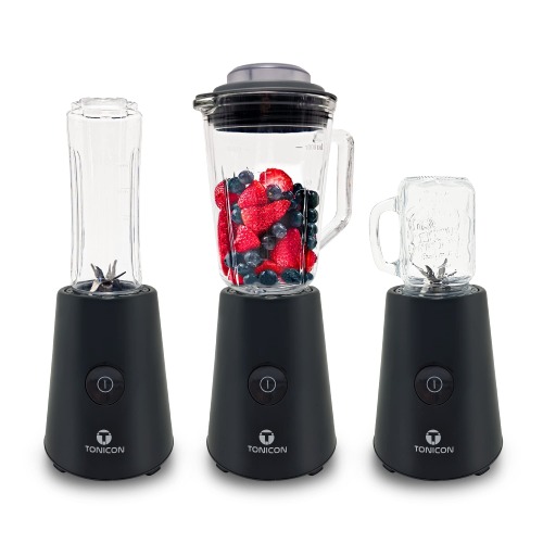TONICON Smoothie-Maker | 3in1 Mini Mixer | 6-Edelstahl-Messer Blender | 500 Watt Standmixer | Glas-Behälter Inkl. Trinkfalsche Smoothie to go BPA-Frei | 4 Mason Jar Cups aus Glas – Anthrazit - Anthrazit