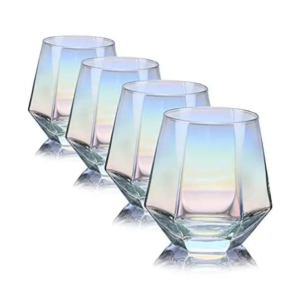 Diamond Stemless Wine Glass Set Of 4(10 Oz),Iridescent Glassware For Gift ,Modern Rainbow Wine Glass For Serving White Wine ,Red Wine, Whiskey,Bourbon,Cool Water CUKBLESS