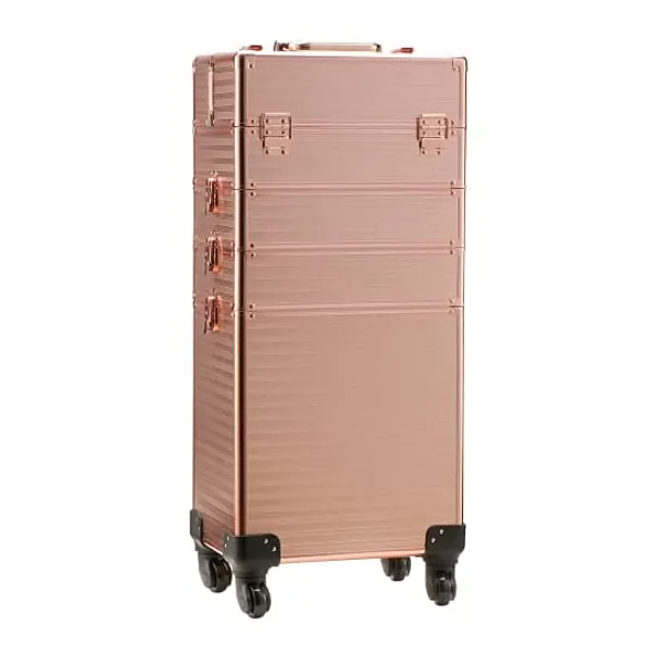 Channcase 4 in 1 Portable Traveling Aluminum Professional Makeup Trolley Cart with Multiple-Sized Compartments and Wheels, Rose Gold