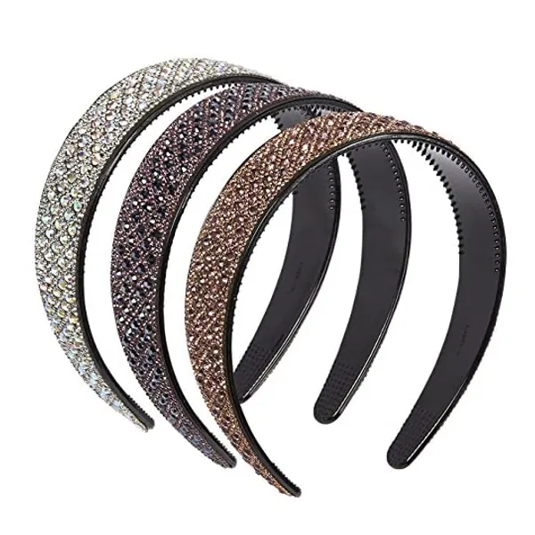 Rhinestone Headband – 3 Pack Crystal Beaded Hair Bands for Women, Wide Sparkle Head Band for Girls – Silver, Rose Gold, Pink