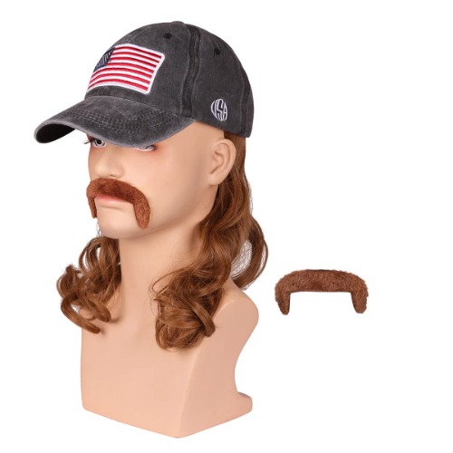 Medium Brown Wavy 80s Mullet Hat Wig with Mustache for 4th of July Party and Halloween - Brown
