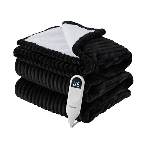 Bedsure Heated Blanket Electric Twin - Soft Ribbed Flannel, Fast Heating Electric Blanket with 6 Heating Levels & 10 Time Settings, 8 Hours Auto-Off (62x84 inches, Black) - 01 - Black - Twin