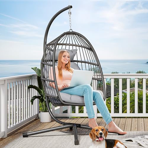YITAHOME Hanging Egg Swing Chair with Stand Egg Chair Wicker Indoor Outdoor Hammock Egg Chair with Cushions 330lbs for Patio, Bedroom, Garden and Balcony, Dark Gray(Stand Included) - Gray(w/ stand)