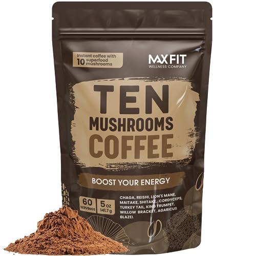 Mushroom Coffee Organic (60 Servings) 10 Mushrooms (Lion’s Mane, Cordyceps, Turkey Tail & Other) Mixed With Gourmet Arabica Instant Immune Boosting Coffee for Focus & Gut Health Support - Mushrooms Coffee