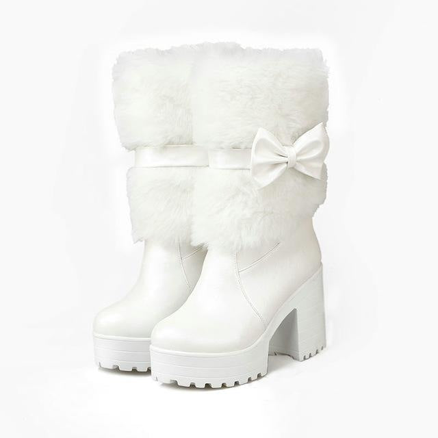 Furry Pink Bow Boots - White / 7