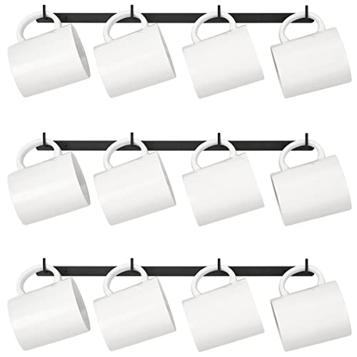 Dahey Mug Holder Metal Coffee Mug Rack Wall Mounted with 12 Mug Hooks, Set of 3, Mug Display Rack Cup Holder Storage for Kitchen Dining Room Coffee Bar, Black - 3
