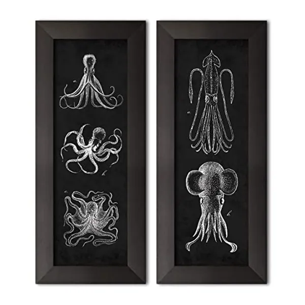 Beautiful Black and White Octopus and Squid Panels; Coastal Decor; Two framed 6x18in Prints; Ready to hang!