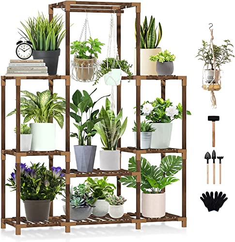 Uneedem Plant Stand Indoor Outdoor Tall Shelf for Multiple Plants 8 Tiers 12 Pot Large Rack Pine Wood Corner Plant/Flower Holder for Room Corner Balcony - C- High Ladder 8-Tier 12 Pot