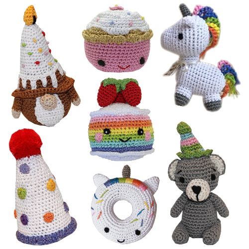 Knit Knacks Organic Cotton Pet & Dog Toys, "Happy Birthday Group" (Choose from 7 different options!) - Rainbow Cake