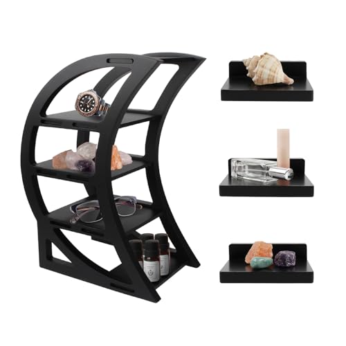Kiusatig Wooden Crescent Moon Shelf Crystal Shelf Holder with 3 Small Wall Floating Shelves for Stones and Essential Oil Bedroom Living Room Bathroom Decor - Black With 3 Pcs Wall Shelves - Small