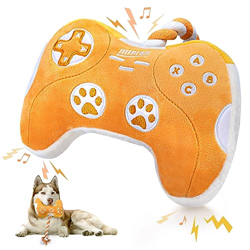 MTERSN Plush Dog Toy : Interactive Squeaky Dog Toys with Crinkle Paper and Gaming Controller Shape Dog Rope Toys - Funny Dog Chew Toys with 3 Squeakers for Puppy, Small, Medium, Large Dogs (Yellow) - Yellow