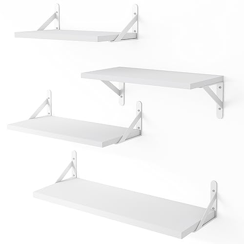 YGEOMER Floating Shelves, Rustic Wood Shelves, 4 Sets of Wall Mounted Shelf for Bathroom Decor, Bedroom, Living Room and Plants (White and White Bracket) - 12-white and White Bracket
