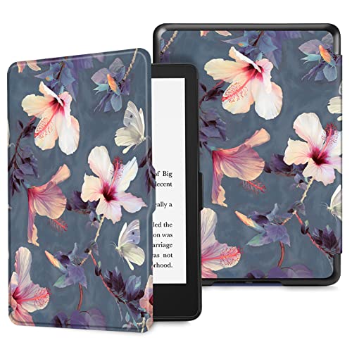 Fintie Slimshell Case for 6.8" Kindle Paperwhite (11th Generation-2021) and Kindle Paperwhite Signature Edition - Premium Lightweight PU Leather Cover with Auto Sleep/Wake, Blooming Hibiscus - blooming hibiscus