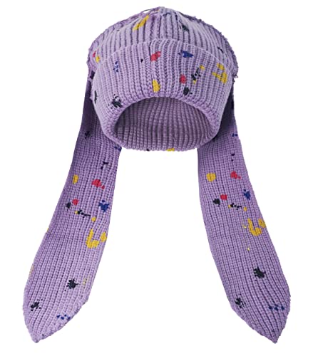 Knit Beanie Hats Cute Bunny Long Ears Funny Hat Fluffy Winter Cap Warm Knit Rabbit Crochet Skull Cap Outdoor Slouchy Hat - One Size - Doodle Purple