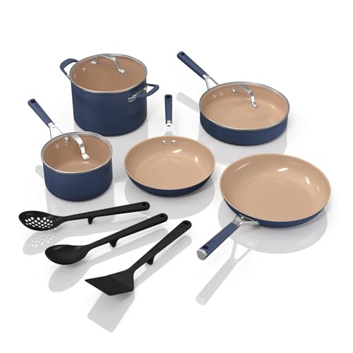 Ninja Ceramic Cookware Set, Extended Life 11-Piece Kitchen Cookware Sets with Comfort Grip, Nonstick Fry Pans, Pots, PFAS Free, Oven & Dishwasher Safe, Stovetop Compatible, Navy Blue, CW49011 - 11-Piece Set