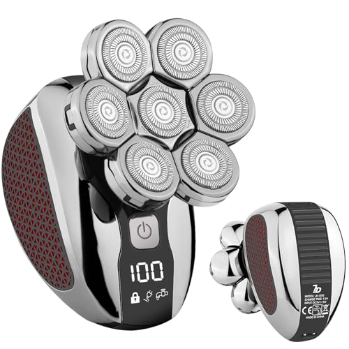 Paubea Head Shavers for Bald Men, 6 in 1 Detachable 7D Head Shaver, Electric Razor with Hair Sideburns Trimmer, Waterproof Wet&Dry, Cordless Mens Grooming Kit, Rechargeable Electric Shavers - Silver