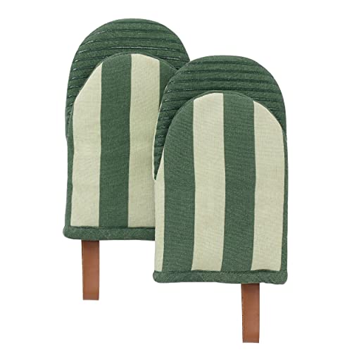Folkulture Mini Oven Mitts Heat Resistant 5.75" x9", Set of 2 Short Oven Mitts with Hanging Loop, 100% Cotton Oven Gloves or Kitchen Mittens, Small Oven Mitt Set or Silicone Oven Mits (Matcha) - Maccha - Set of 2