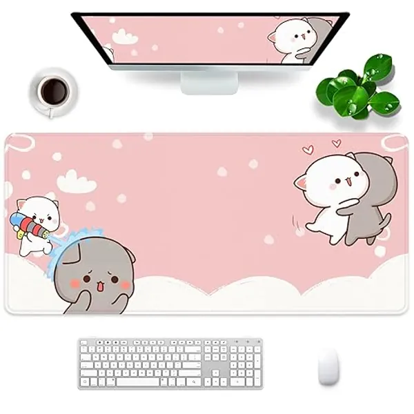 Pink Gaming Mouse Pad Gift for Women Cute Large Mouse Pad 35x15.7x0.12 inch Extra Large Rubber Mouse Pad Cat Theme Pink and White Mouse Pad (Pink -1)
