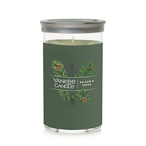 Yankee Candle Balsam & Cedar Signature Medium Pillar Candle - 14.25oz., Green - Christmas | Holiday Candle, Soy Wax Blend, Metal Lid Coaster - Home & Kitchen Décor - Balsam & Cedar - Signature Medium Pillar