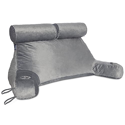 Milliard Double Reading Pillow with Shredded Memory Foam, Great as Backrest for Books or Gaming with Removable Velour Cover-Two Person Sit Up Pillow (Grey) - Grey