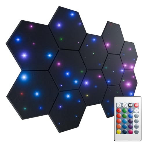 Wolf-Energy 12 Pack Self-adhesive Soundproof Wall Panels 12" X 10" X 0.4" - Wall Panels with Fiber Optic Starlight, Stylish Acoustic Panels, Flame Resistant, Absorb Noise and Wall Decorations - 0.4 Inch 12 Pack - Black