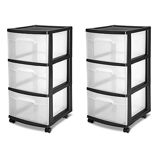Sterilite 3 Drawer Storage Cart, Plastic Rolling Cart with Wheels to Organize Clothes in Bedroom, Closet, Black with Clear Drawers, 2-Pack - 3 Drawer