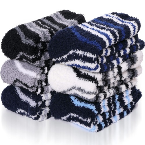 6 Pairs Fuzzy Socks Non Slip / Skid Hospital Slipper Socks with Grips Unisex Warm Fluffy Winter Sleep Socks - Stripe C(non Slip-6 Pairs)-men 6-11/Women 6-12