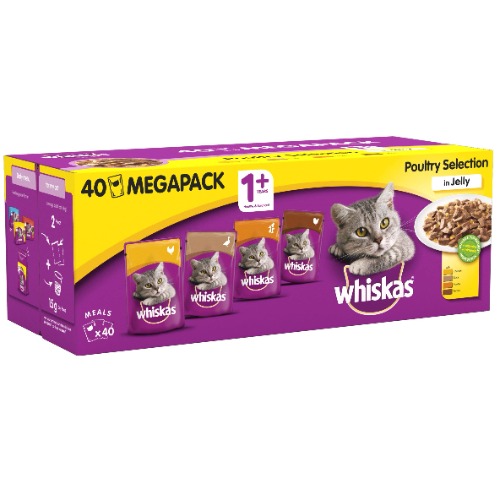 Whiskas Wet cat food pouches, delicious and tasty poultry selection in jelly, suitable for adult cats aged 1+, (40 x 100 g)