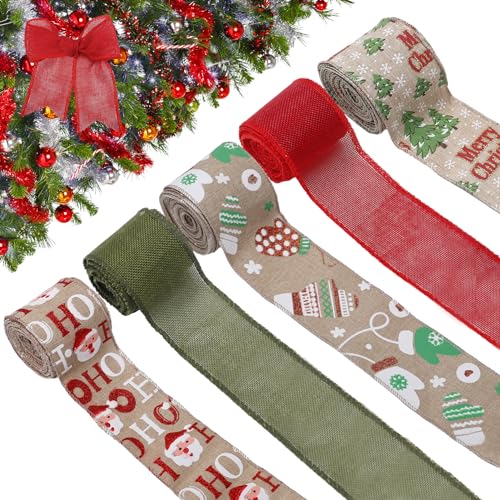 Christmas Burlap Ribbon - Total 27.3yd Xmas Wired Edge 5 Colors Ribbon Rolls for Winter Gift Wrapping Bow Wreath Tree Wedding Decoration, 2.4in Wide Rustic Crafts Supplies - Red Green Christmas 5 Colors