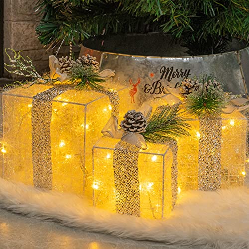 Hourleey Set of 3 Christmas Lighted Gift Boxes, Pre-lit 60 LED Light Up Present Boxes Ornament Outdoor Warm White Tinsel Boxes Decoration for Indoor Christmas Home Yard Lawn Decor - Warm White